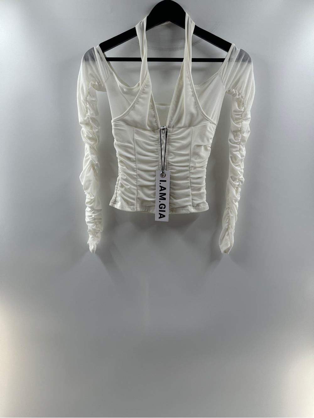 I.AM.GIA Diego Top White Ruched Zip Halter Long Sleeve Women’s Small NWT